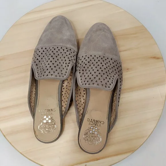 Vince Camuto Perforated Suede Mule Slip On Flats Tan Gray Women US 8M - Picture 5 of 14